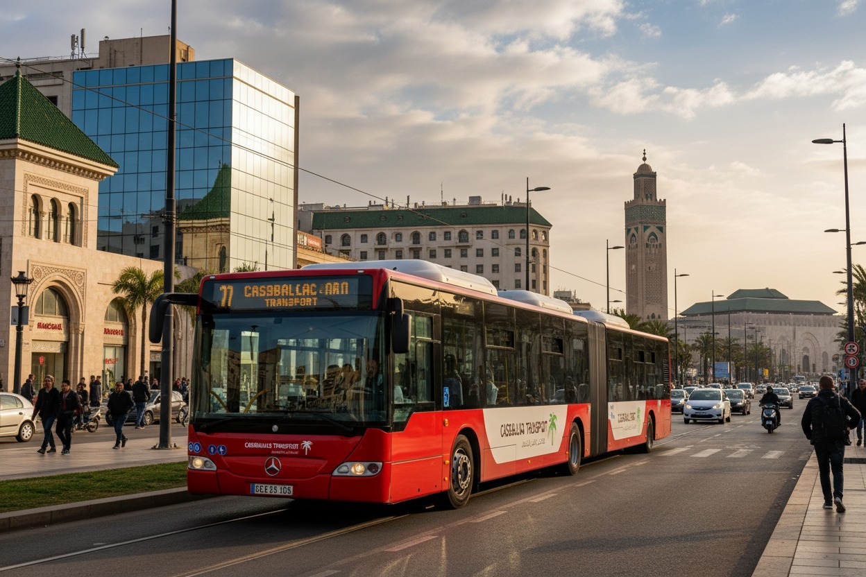 A red articulated bus drives down a city street with pedestrians on the sidewalk and the minaret of a mosque visible in the background.