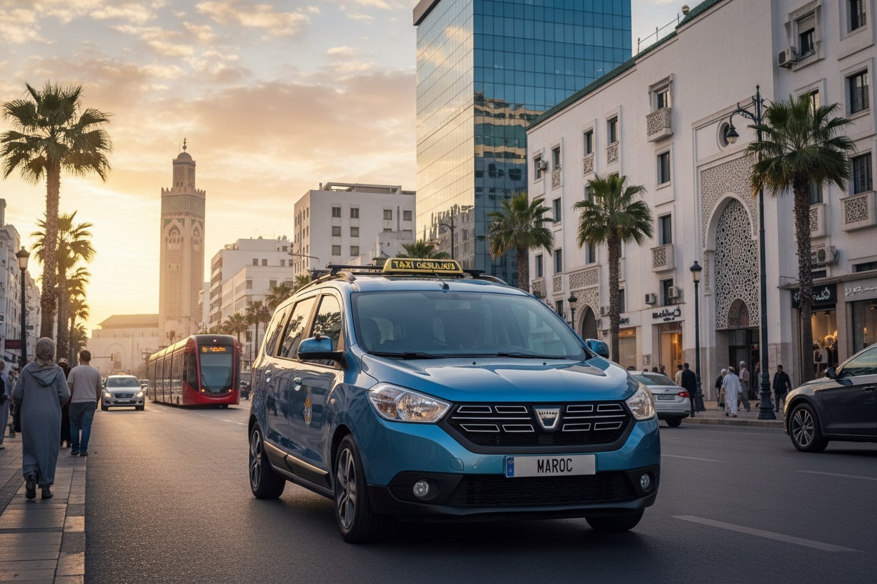 A blue taxi drives down a bustling city street at sunset, with a tall minaret and modern buildings in the background.